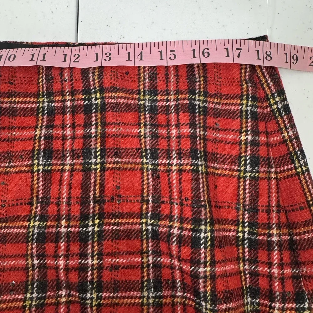 Talbots Tartan Plaid Wool Blend Skirt Women's Size 16 Petite Red Sequins Holiday